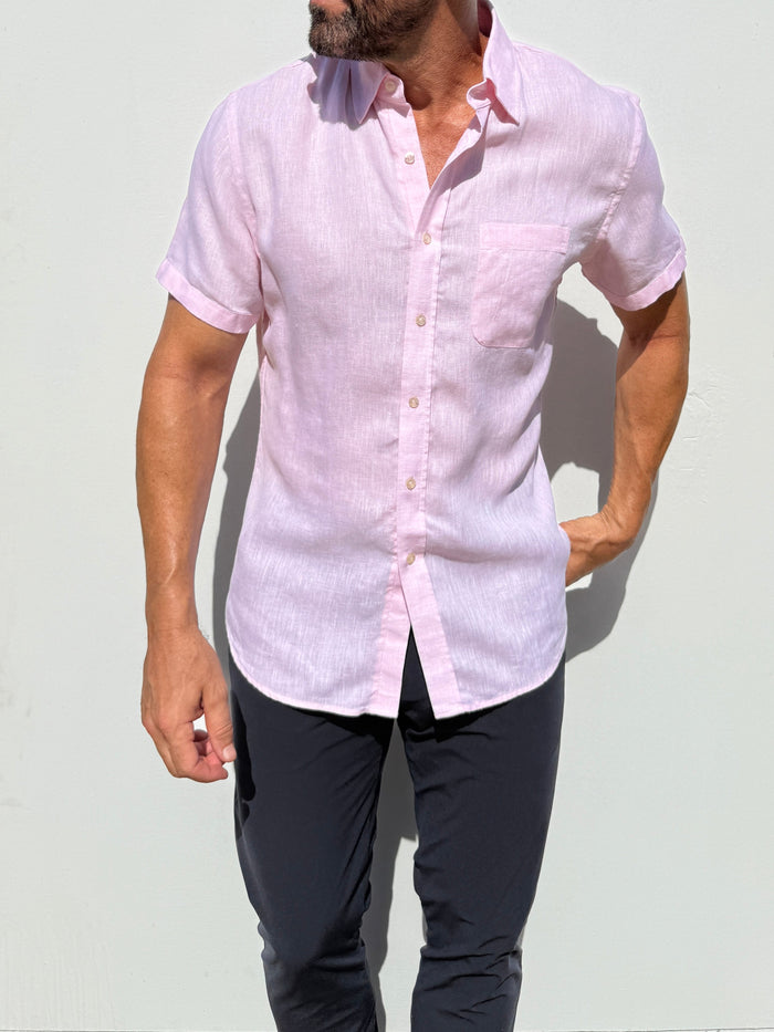 Short Sleeve 1-Pocket Linen Shirt - Pink