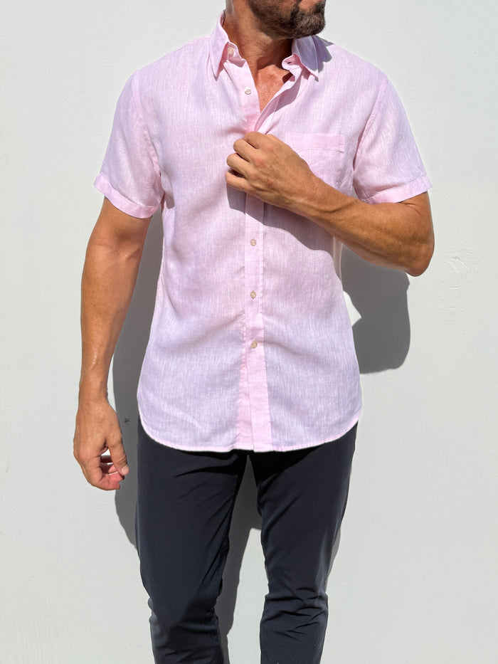 Short Sleeve 1-Pocket Linen Shirt - Pink
