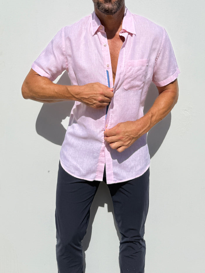 Short Sleeve 1-Pocket Linen Shirt - Pink