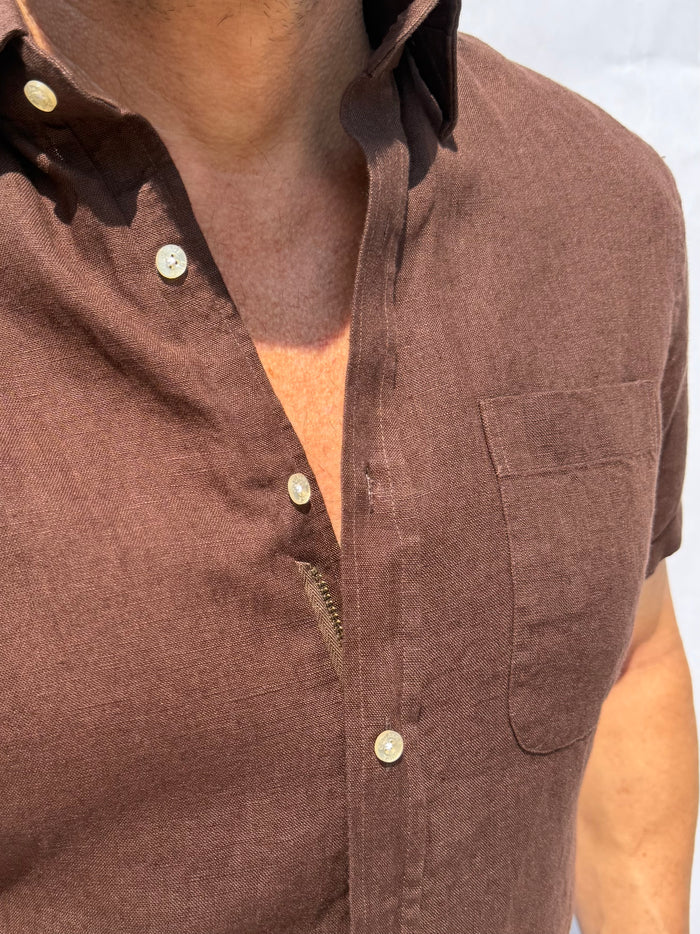 Short Sleeve 1-Pocket Robust Linen - Brown- Small Batch #669