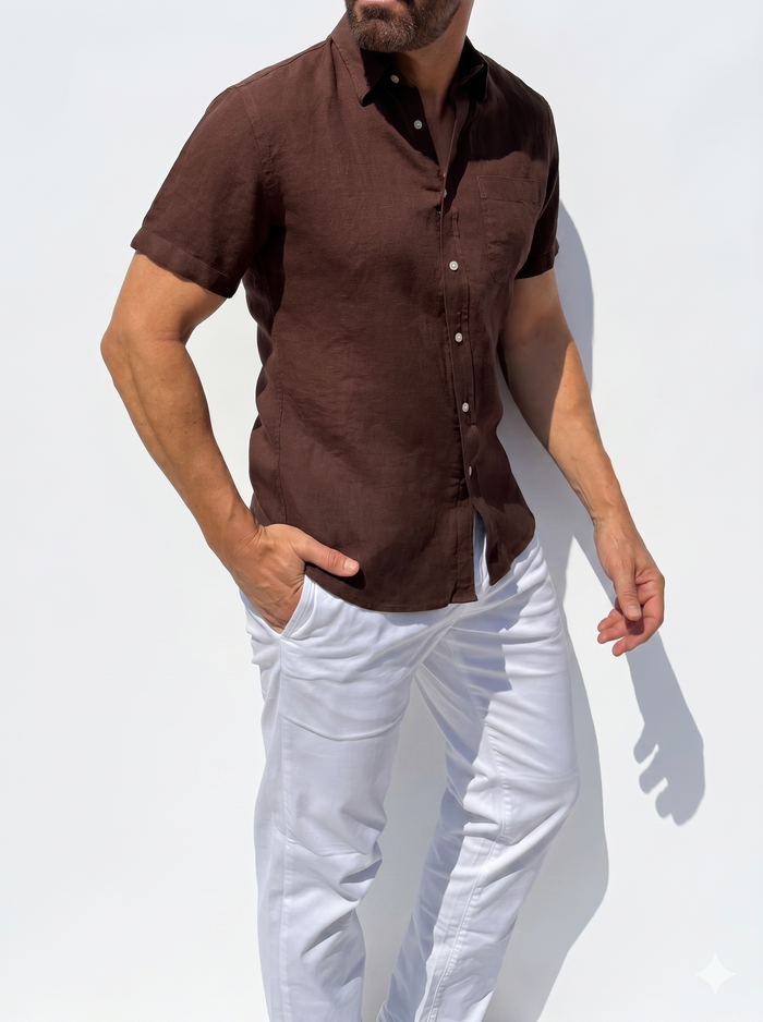 Short Sleeve 1-Pocket Robust Linen - Brown- Small Batch #669
