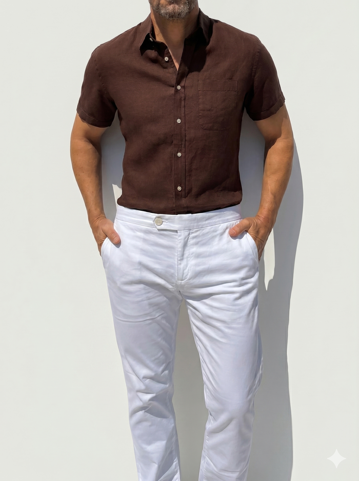 Short Sleeve 1-Pocket Robust Linen - Brown- Small Batch #669