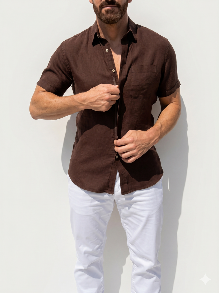 Short Sleeve 1-Pocket Robust Linen - Brown- Small Batch #669