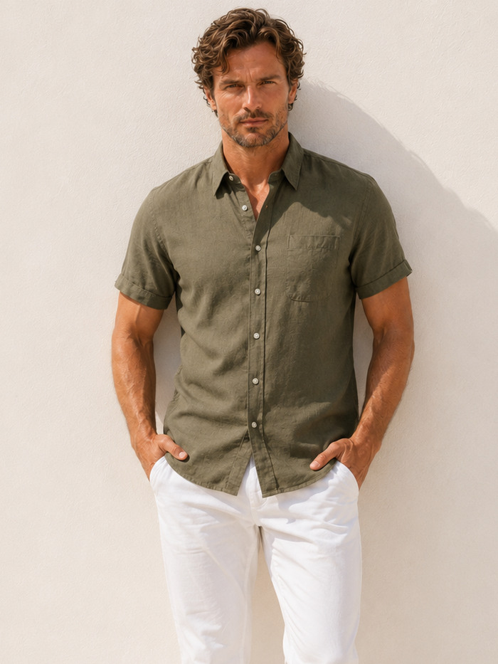 Short Sleeve 1-Pocket Robust Linen - Khaki Green