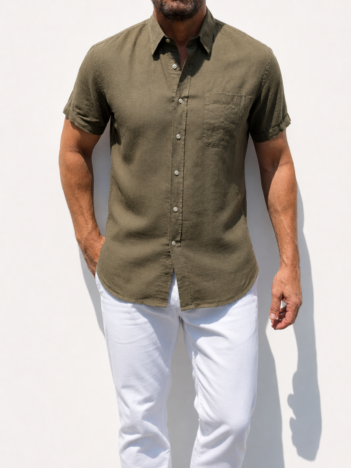 Short Sleeve 1-Pocket Robust Linen - Khaki Green