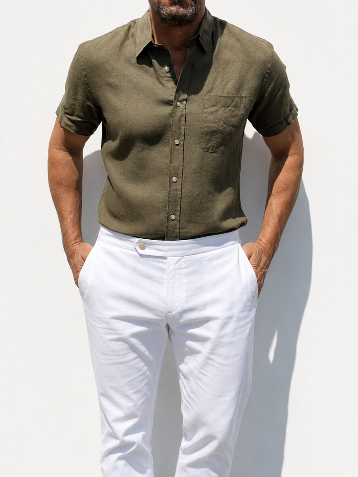 Short Sleeve 1-Pocket Robust Linen - Khaki Green
