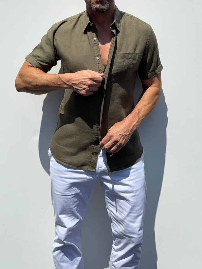 Short Sleeve 1-Pocket Robust Linen - Khaki Green
