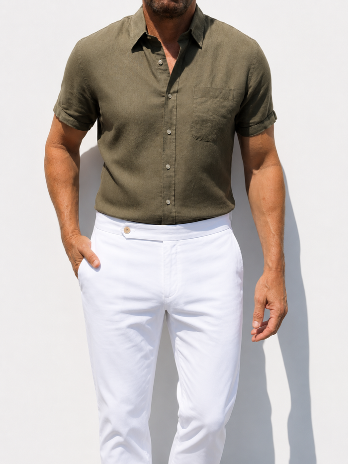Short Sleeve 1-Pocket Robust Linen - Khaki Green