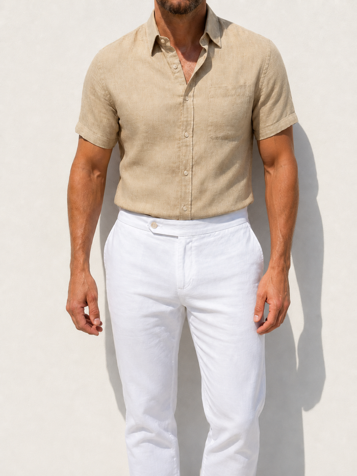 Short Sleeve 1-Pocket Robust Linen - Sand- Small Batch #667