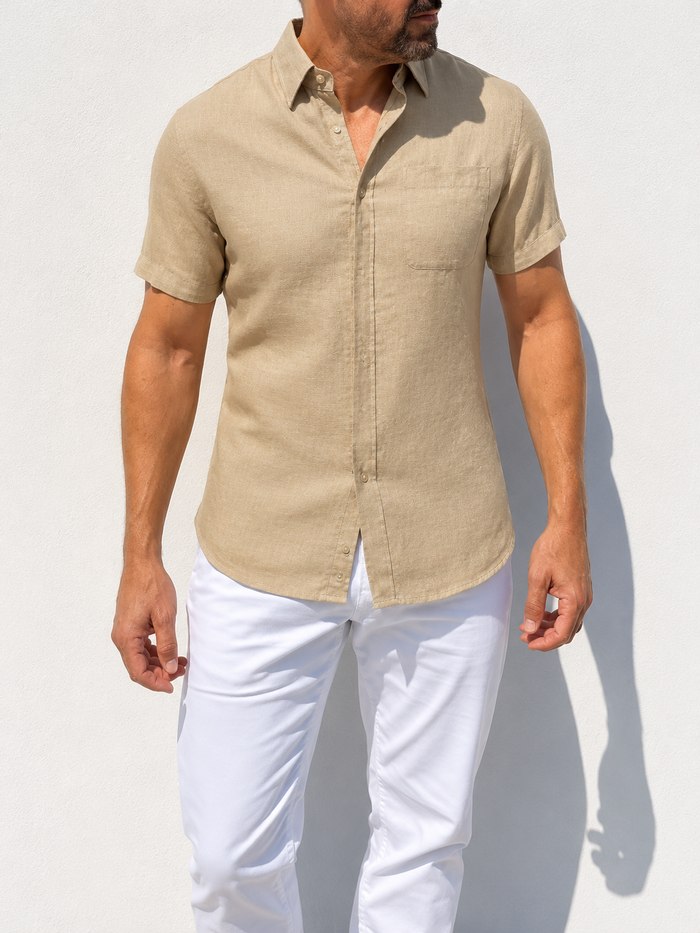 Short Sleeve 1-Pocket Robust Linen - Sand- Small Batch #667