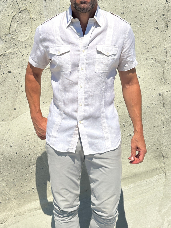 Short Sleeve Linen Raider Shirt - Off White Linen