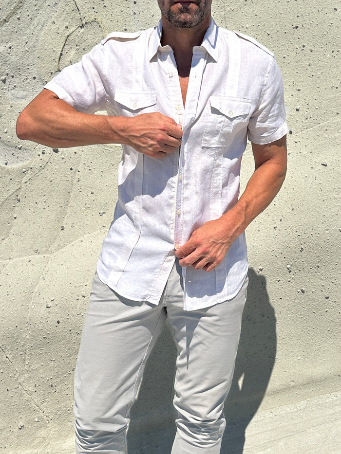Short Sleeve Linen Raider Shirt - Off White Linen