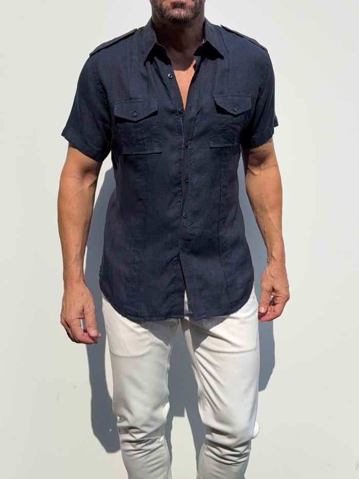 Short Sleeve Linen Raider Shirt - Small Batch Series - Midnight Blue