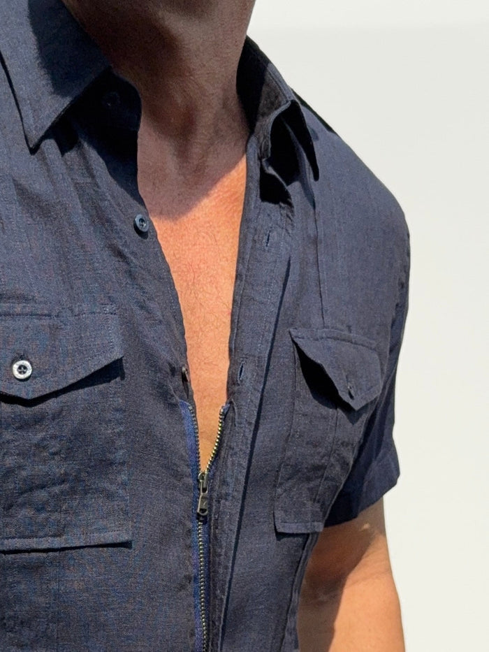 Short Sleeve Linen Raider Shirt - Small Batch Series - Midnight Blue