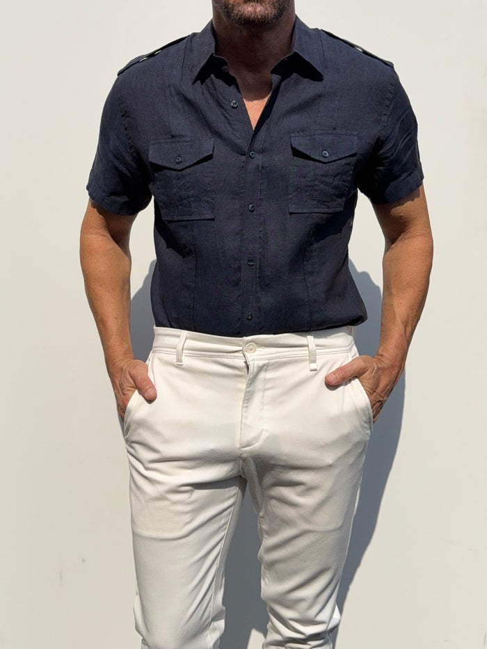 Short Sleeve Linen Raider Shirt - Small Batch Series - Midnight Blue
