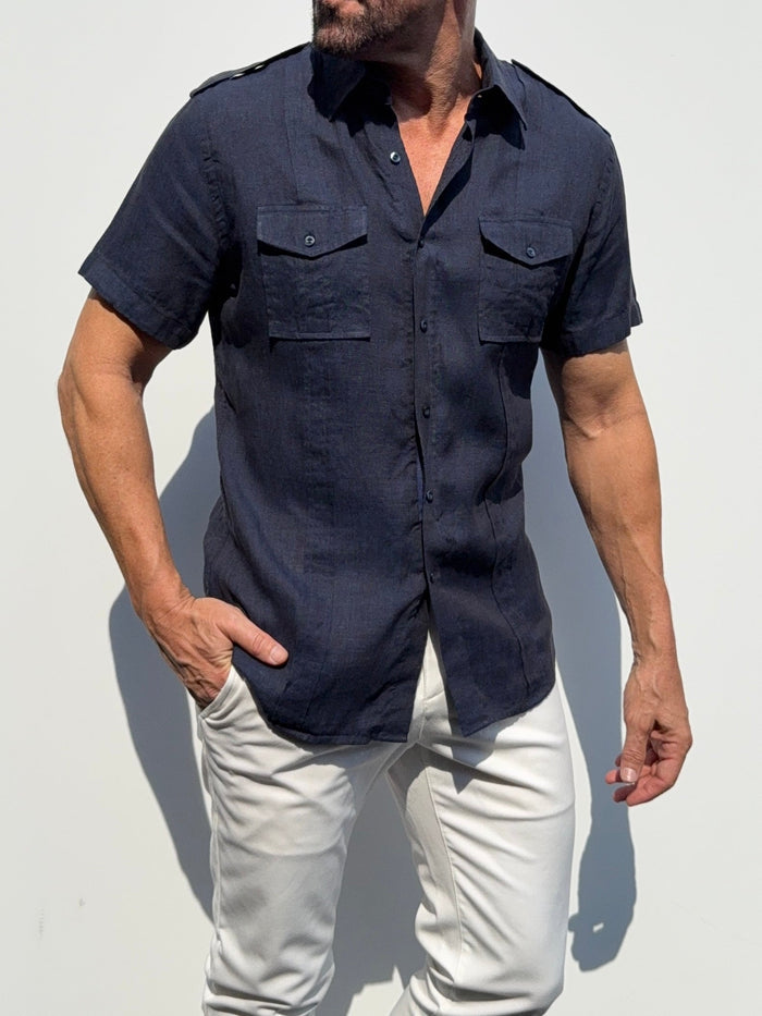 Short Sleeve Linen Raider Shirt - Small Batch Series - Midnight Blue
