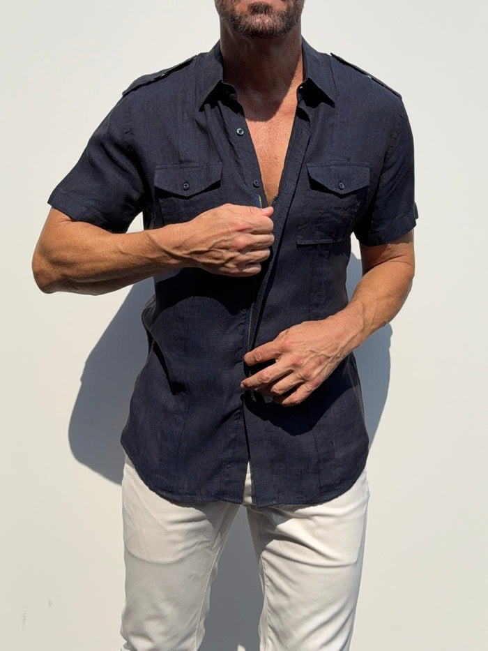 Short Sleeve Linen Raider Shirt - Small Batch Series - Midnight Blue