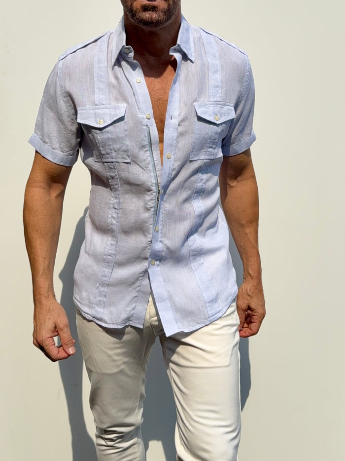 Short Sleeve Linen Raider Shirt - Small Batch Series - Pale Blue