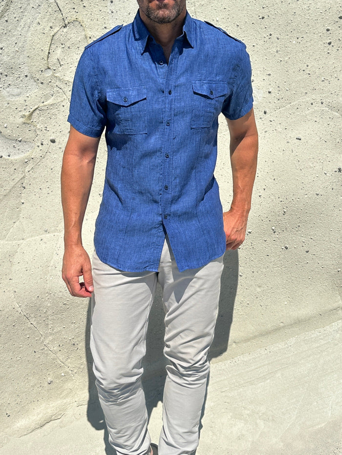 Short Sleeve Linen Raider Shirt - Small Batch Series - Royal Blue Linen