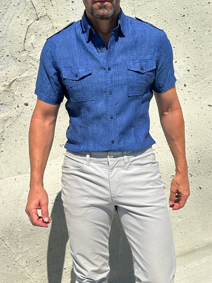 Short Sleeve Linen Raider Shirt - Small Batch Series - Royal Blue Linen
