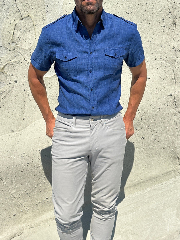 Short Sleeve Linen Raider Shirt - Small Batch Series - Royal Blue Linen