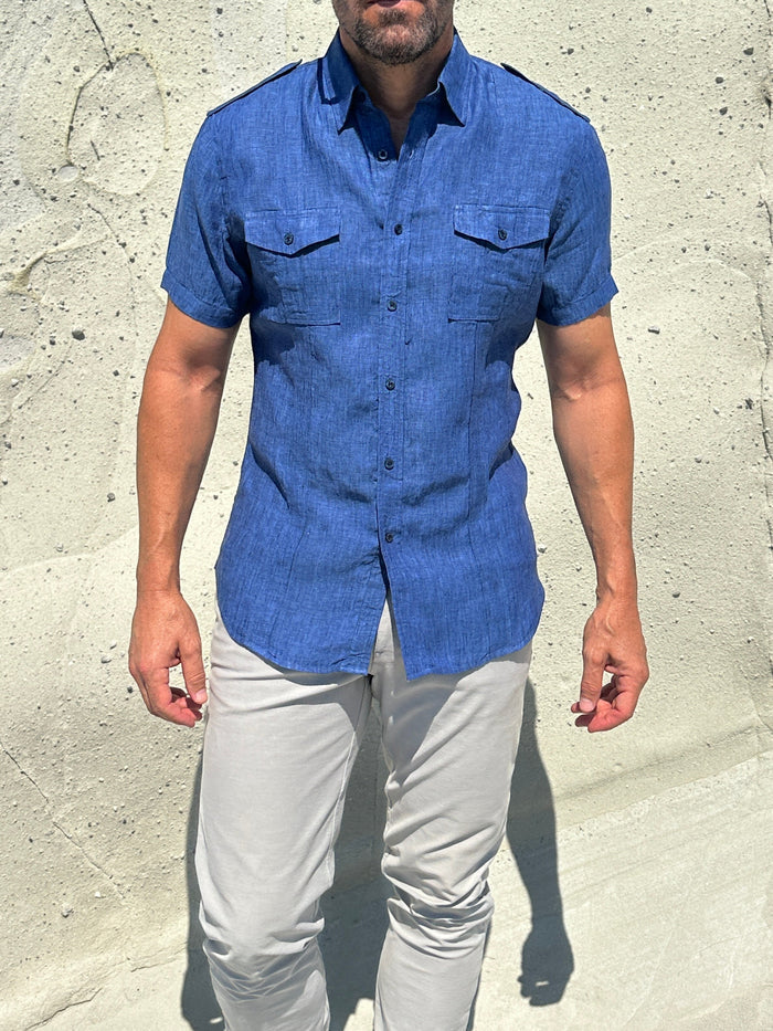 Short Sleeve Linen Raider Shirt - Small Batch Series - Royal Blue Linen