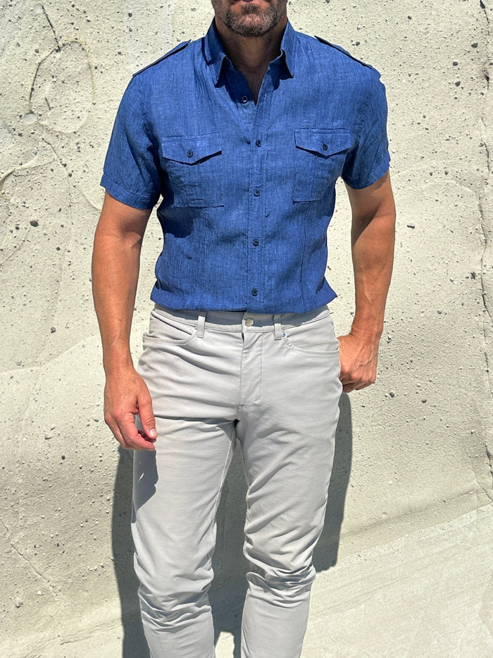 Short Sleeve Linen Raider Shirt - Small Batch Series - Royal Blue Linen