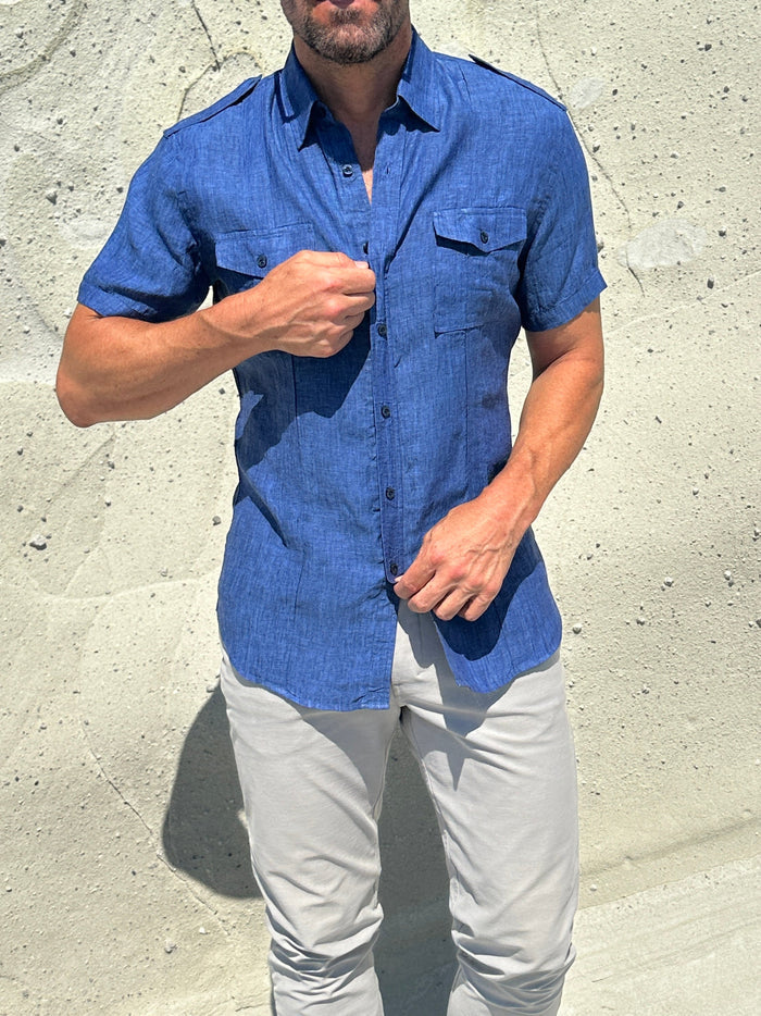 Short Sleeve Linen Raider Shirt - Small Batch Series - Royal Blue Linen