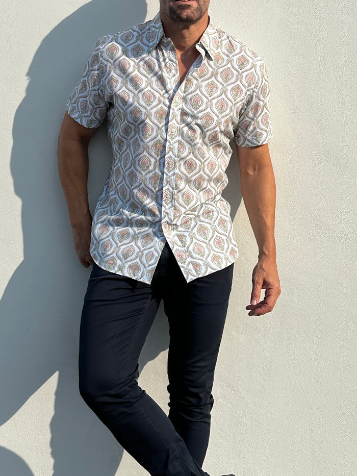 Short Sleeve Ornate Party Shirt - Pale Blue