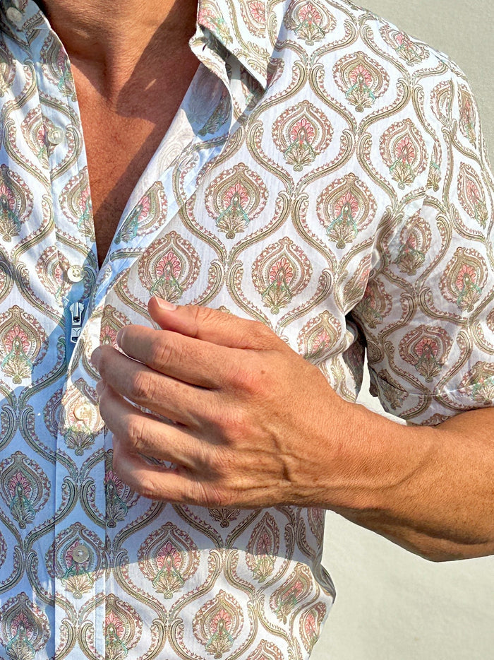 Short Sleeve Ornate Party Shirt - Pale Blue