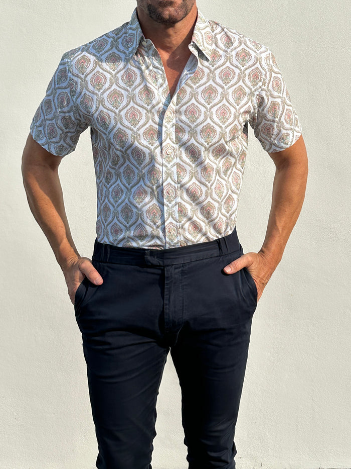 Short Sleeve Ornate Party Shirt - Pale Blue