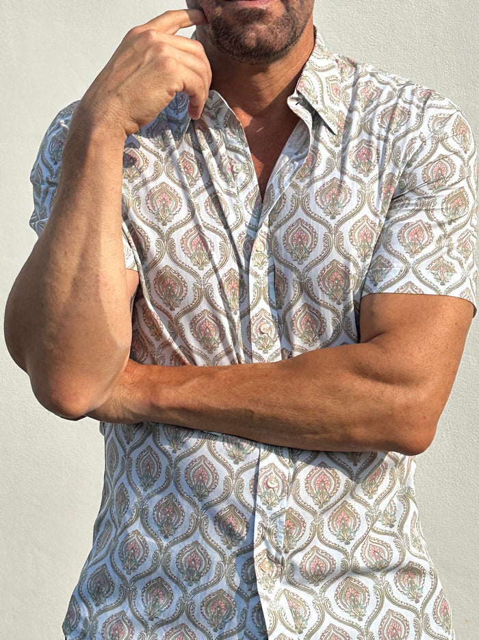 Short Sleeve Ornate Party Shirt - Pale Blue