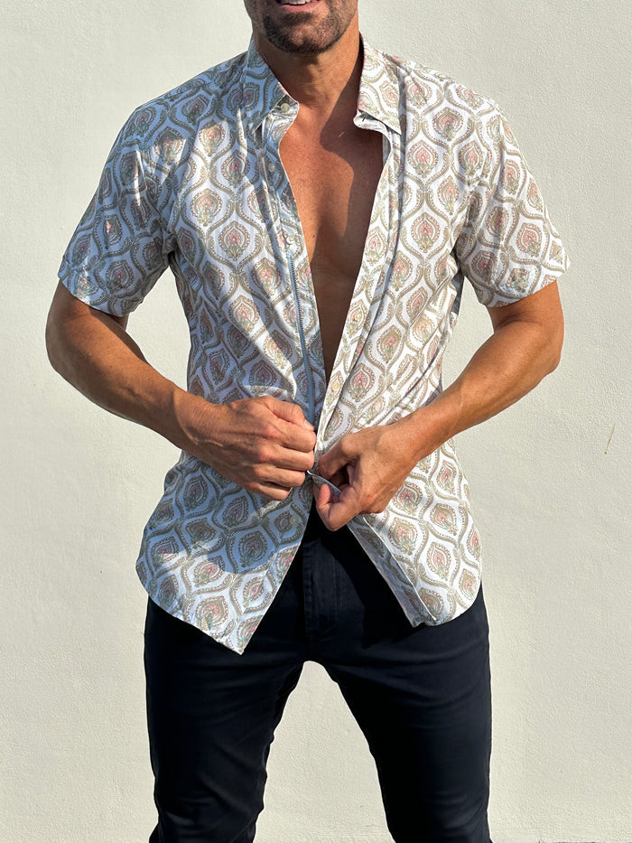 Short Sleeve Ornate Party Shirt - Pale Blue