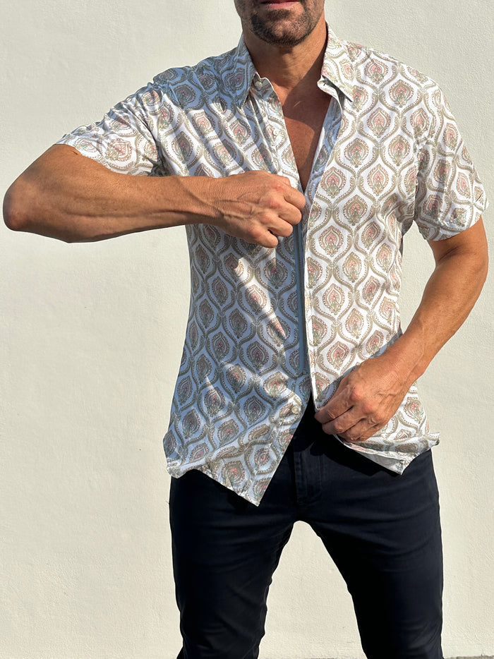 Short Sleeve Ornate Party Shirt - Pale Blue