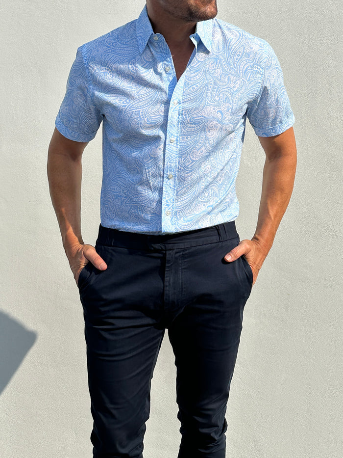 Short Sleeve Paisley Party Shirts - Light Blue