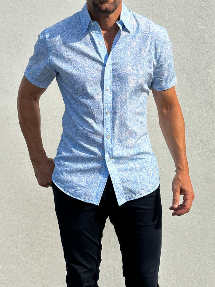 Short Sleeve Paisley Party Shirts - Light Blue