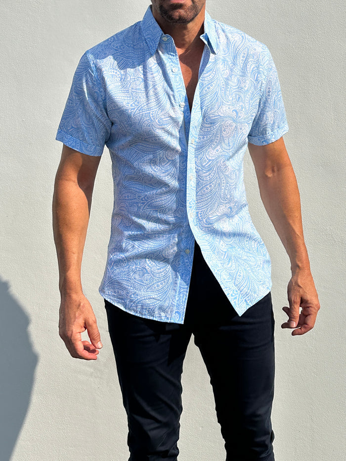 Short Sleeve Paisley Party Shirts - Light Blue
