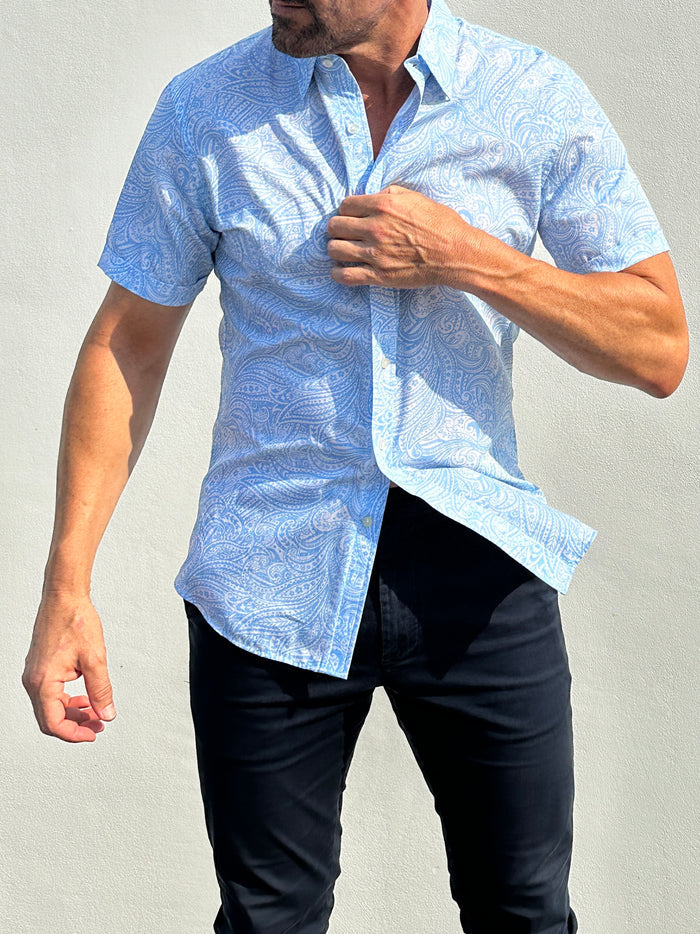 Short Sleeve Paisley Party Shirts - Light Blue