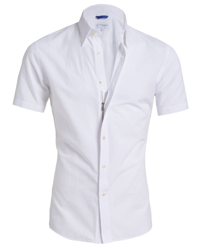 A short-sleeved white seersucker shirt with a collar, button-up front, and a pocket on the chest.