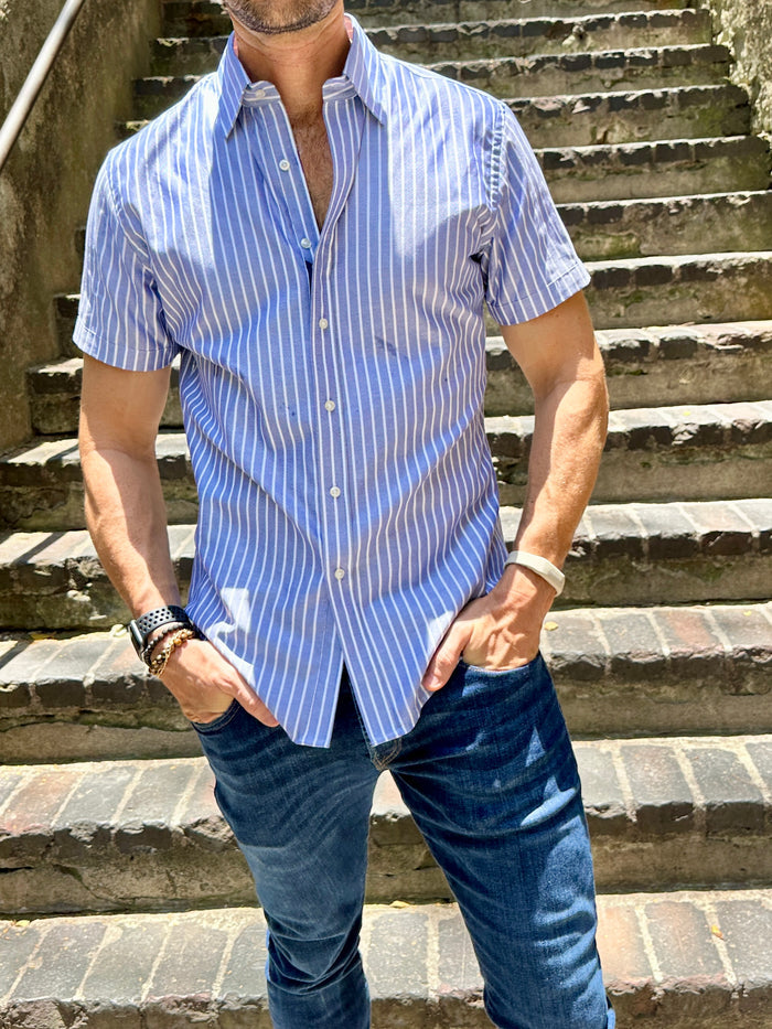 Short Sleeve Striped Oxford - Indigo White Stripe