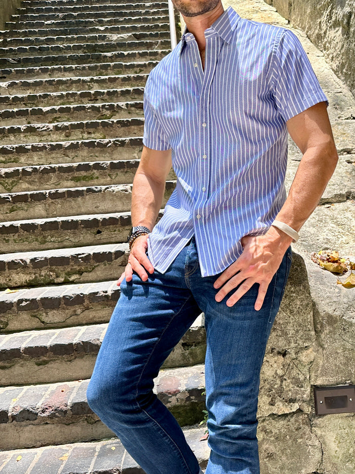 Short Sleeve Striped Oxford - Indigo White Stripe