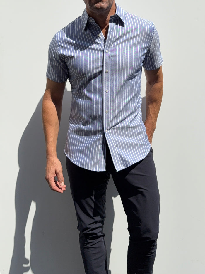 Short Sleeve Striped Oxford - Indigo White Stripe