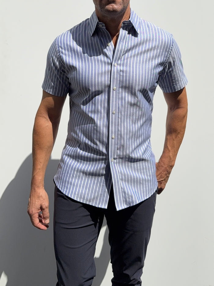 Short Sleeve Striped Oxford - Indigo White Stripe