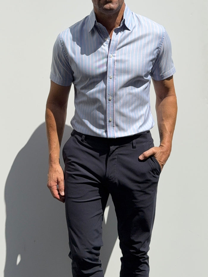Short Sleeve Striped Oxford - Light Blue Pink Stripe