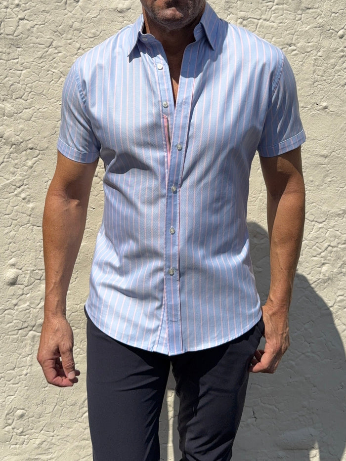 Short Sleeve Striped Oxford - Light Blue Pink Stripe