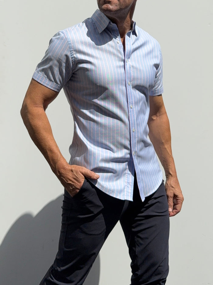 Short Sleeve Striped Oxford - Light Blue Pink Stripe