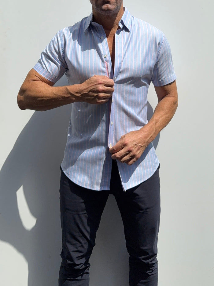 Short Sleeve Striped Oxford - Light Blue Pink Stripe