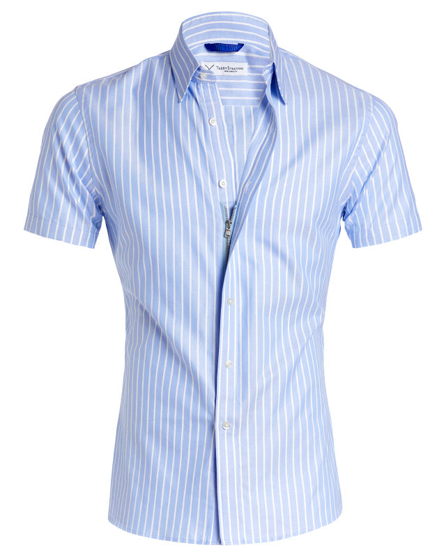 Short Sleeve Striped Oxford - Light Blue White Stripe