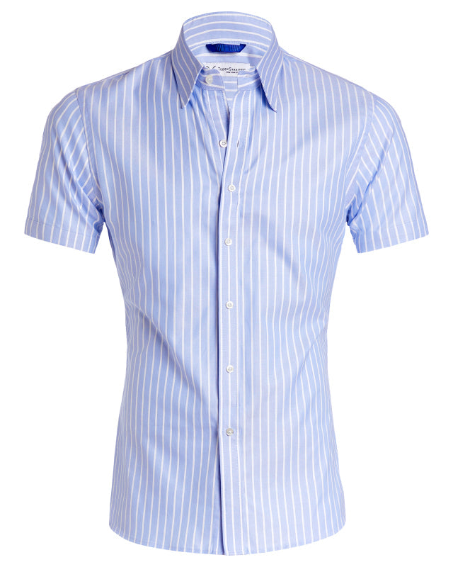 Short Sleeve Striped Oxford - Light Blue White Stripe