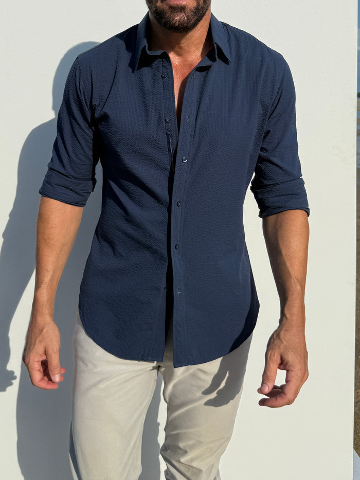 Solid Seersucker Long Sleeve - Midnight Blue